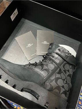 Coach Black Signature Logo Lace-Up Combat Boot